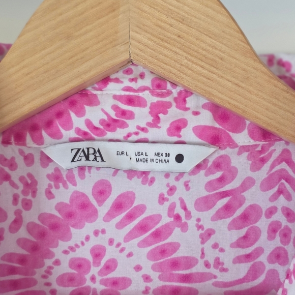 Zara Pink Tie-Dye Floral Mini Shirt Dress -  Skater Skirt, Size Large - Picture 9 of 9